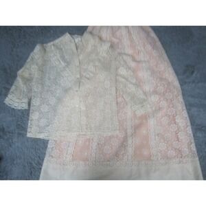 VTG Skirt Blouse Set Large White Lace Floral Embroidery Button Up